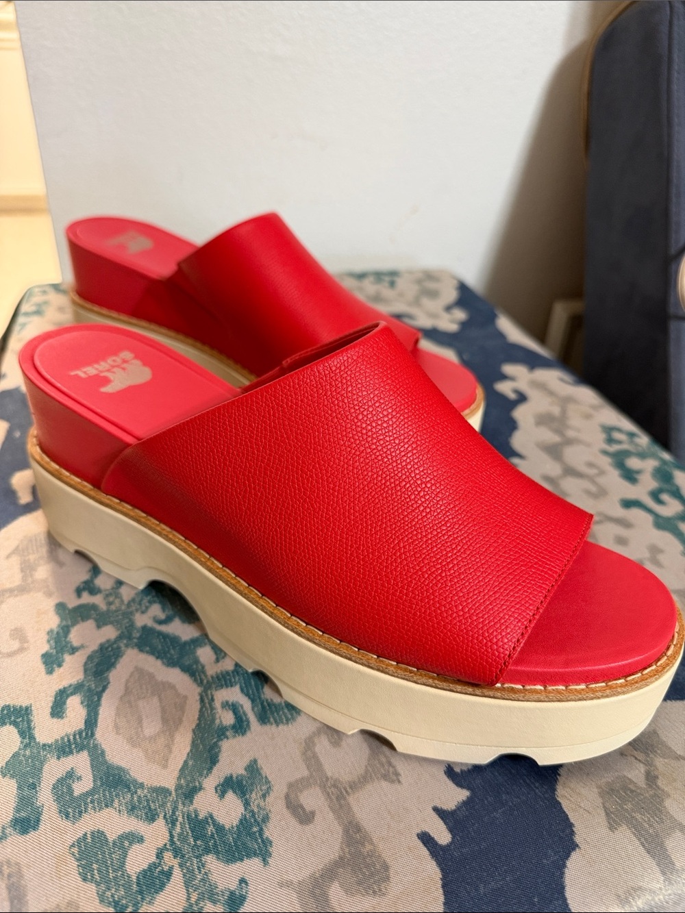 Sorel Red Leather Platform Slide Mules with Cream Sole
